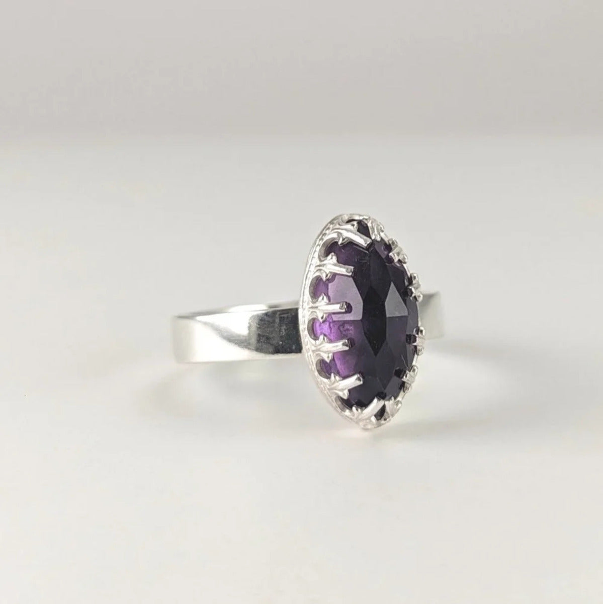 Marquise shaped rose cut amethyst sterling silver ring
