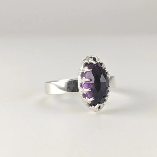 Marquise shaped rose cut amethyst sterling silver ring