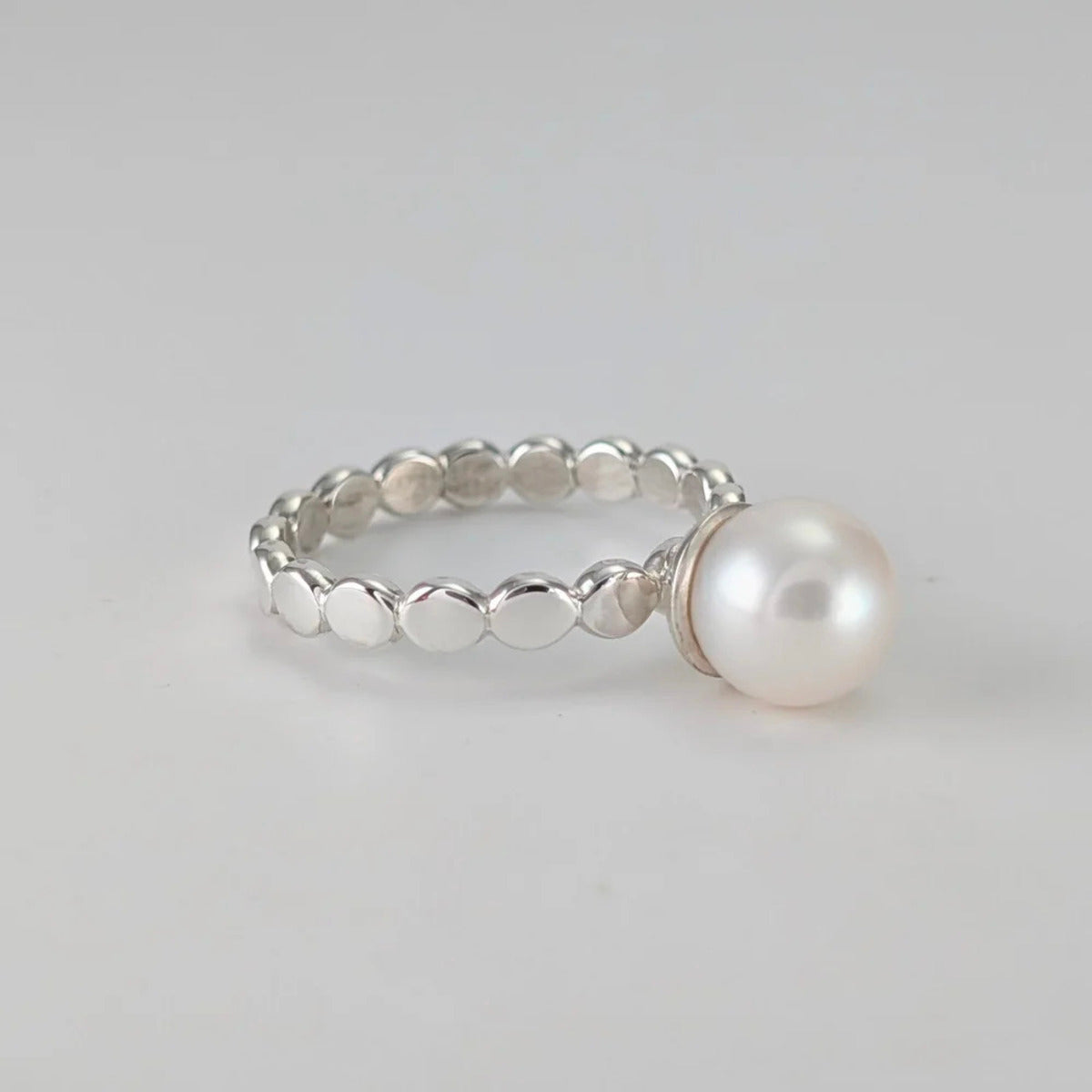 Rolled beaded wire sterling silver ring with white round freshwater pearl