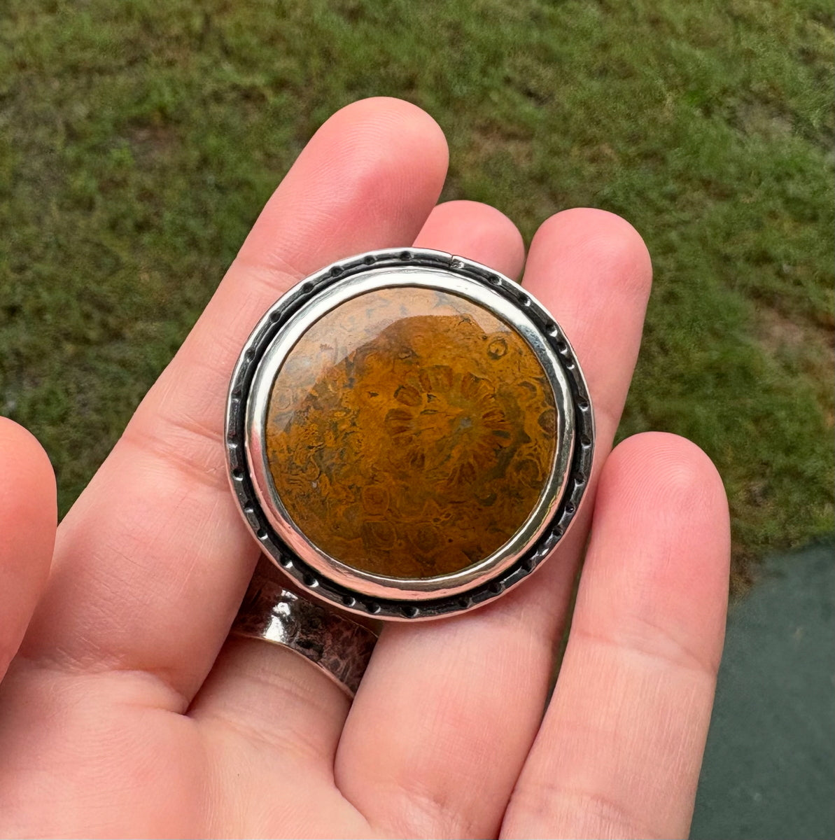 Tree Fern Fossil Statement Ring Size Q (HT7)